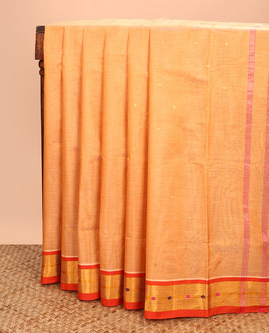 Orange Venkatagiri Cotton Saree, Woven with Buttas on Its Body, Complemented by a Contrast Thread and Zari Border, Zari Striped Pallu, and Comes Without a Blouse