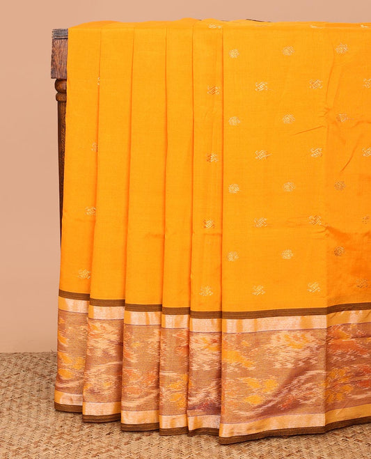 Orange Poly Cotton Saree, Sparsely Woven with Buttas All Over Its Body, Complemented by a Contrast Ikkat Border, Captivating Contrast Ikkat Pallu, and Paired with a Contrast Blouse