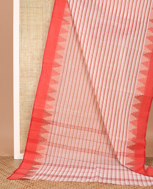 Peach striped Bengal cotton saree, contrast temple border, and striped pallu