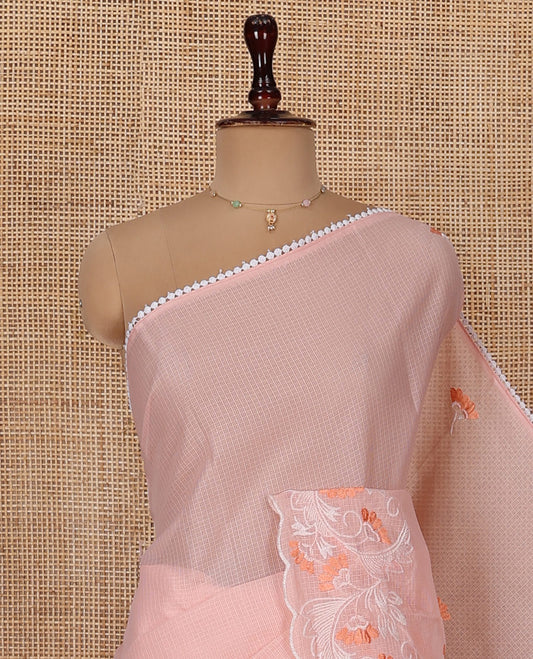 Peach Kota Cotton Saree, Finely Crafted with Floral Motifs Thread Embroidery on Its Body, Scallop Lace Embroidery Border, Pallu Features Same Embroidery, and Paired with a Matching Blouse