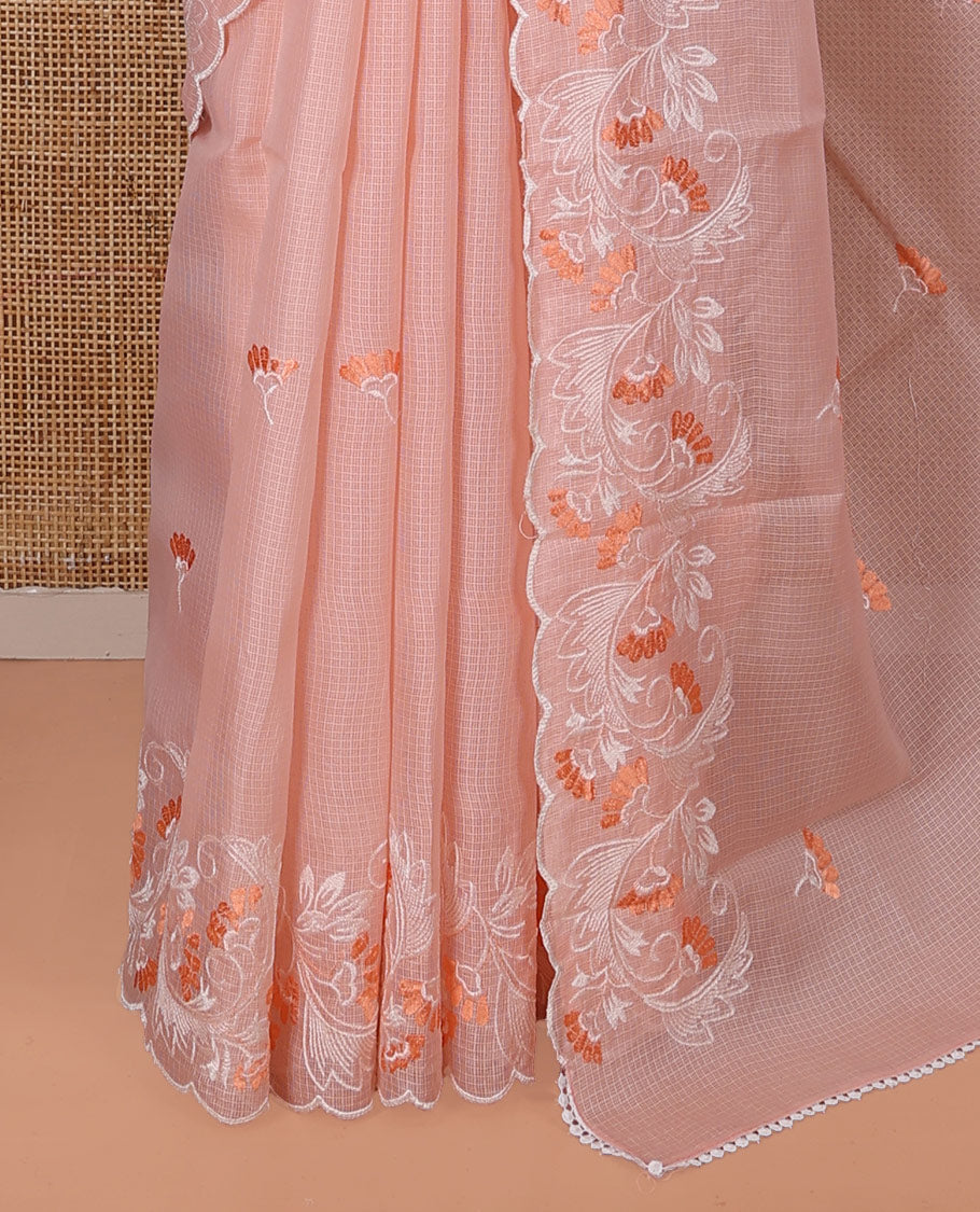 Peach Kota Cotton Saree, Finely Crafted with Floral Motifs Thread Embroidery on Its Body, Scallop Lace Embroidery Border, Pallu Features Same Embroidery, and Paired with a Matching Blouse