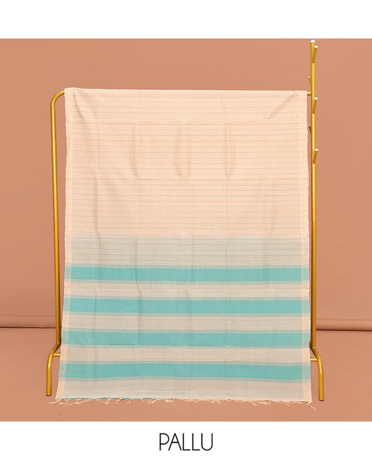 Borderless Light Sandal Striped Mangalgiri Cotton Saree, Complemented by Contrast Pallu and Paired with a Contrast Blouse