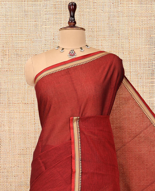 Red Plain Chettinad Cotton Saree, a Temple Traditional Thread Piping Border, Striped Pallu, and a Matching Blouse