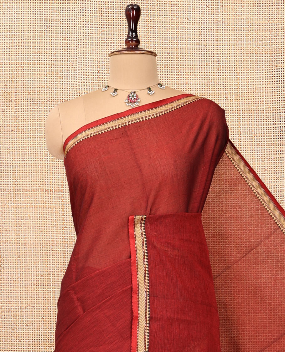 Red Plain Chettinad Cotton Saree, a Temple Traditional Thread Piping Border, Striped Pallu, and a Matching Blouse