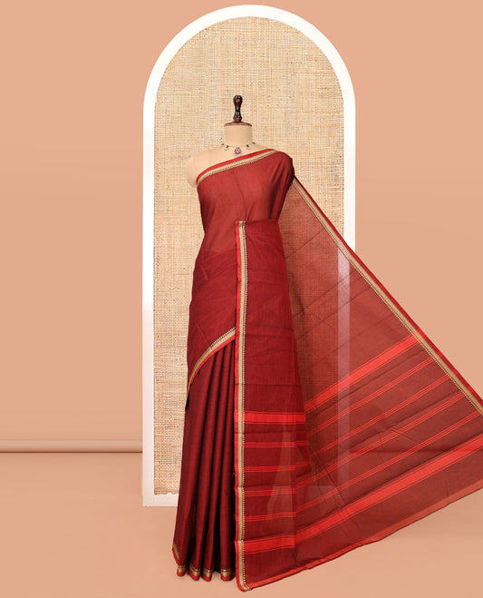 Red Plain Chettinad Cotton Saree, a Temple Traditional Thread Piping Border, Striped Pallu, and a Matching Blouse