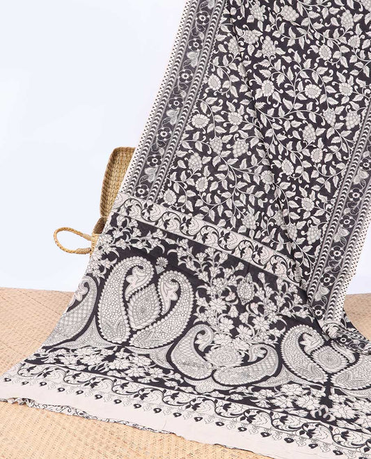 Black floral vine machine-printed kalamkari cotton saree, floral printed border & paisley design pallu