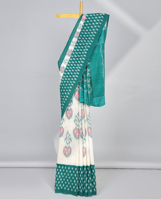 Cream floral motifs ikkat cotton saree with contrast plain border & geometric design pallu