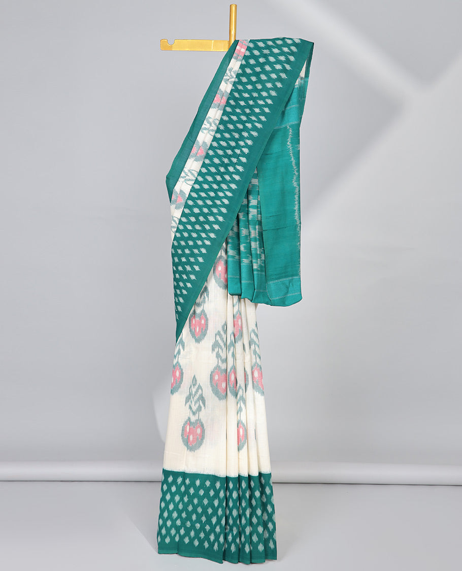 Cream floral motifs ikkat cotton saree with contrast plain border & geometric design pallu