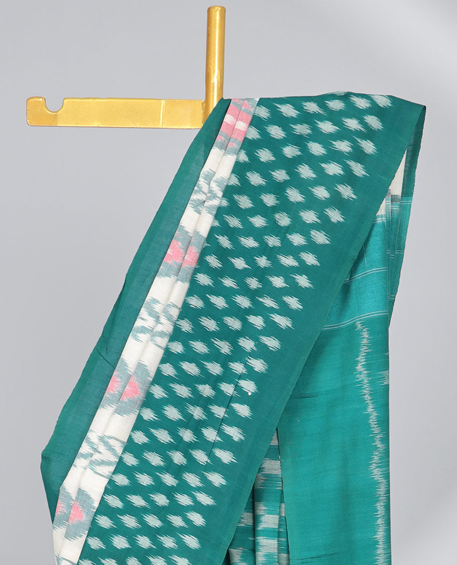 Cream floral motifs ikkat cotton saree with contrast plain border & geometric design pallu
