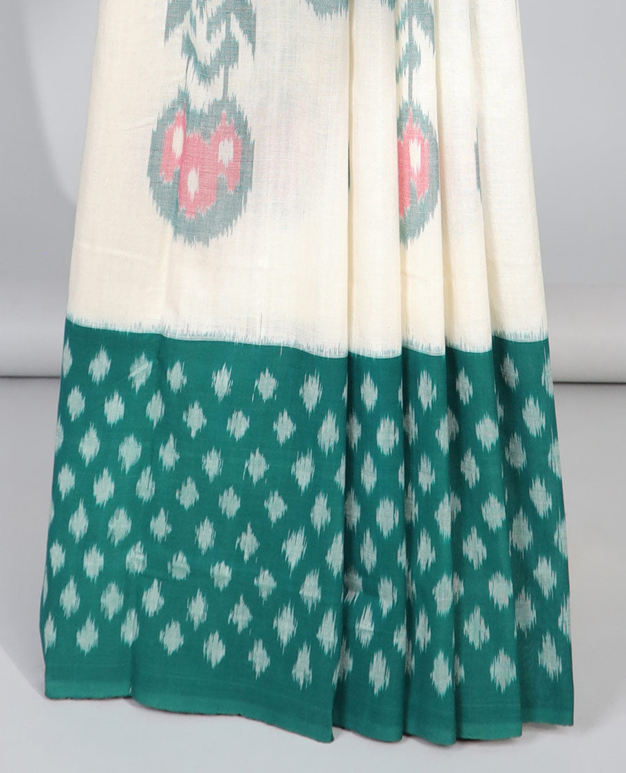Cream floral motifs ikkat cotton saree with contrast plain border & geometric design pallu