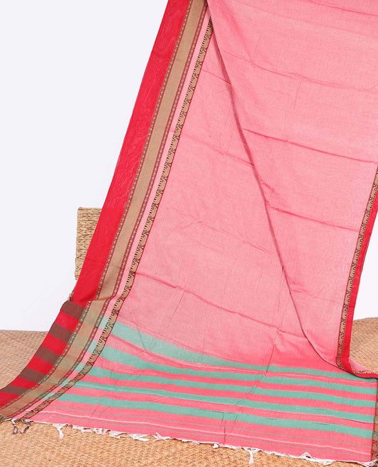 Light pink narayanapet cotton saree with contrast traditional zari design border & striped pallu