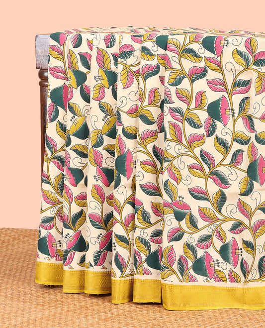 Cream floral design machine-printed kalamkari cotton saree with contrast zari design border & unique floral design pallu