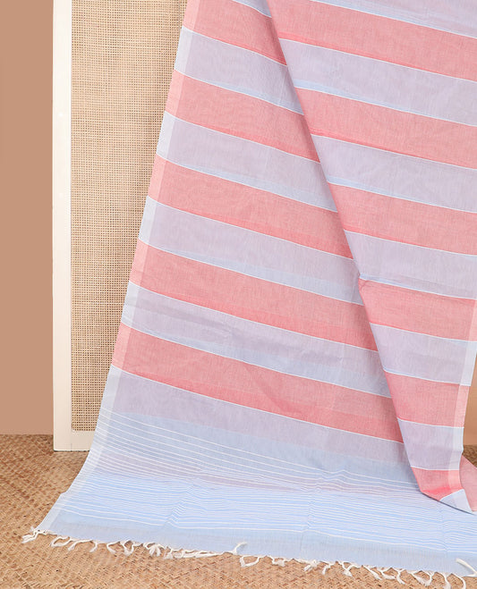 Borderless pale blue and pink striped jute cotton saree, striped pallu