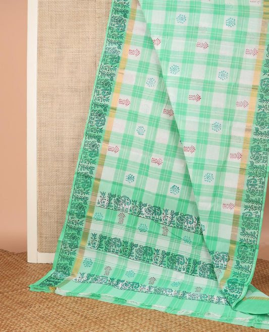 Multi-color checked and buttas block printed Chirala cotton saree, floral and fauna printed border, and pallu
