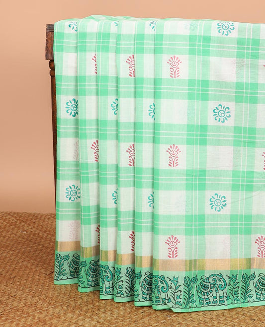Multi-color checked and buttas block printed Chirala cotton saree, floral and fauna printed border, and pallu
