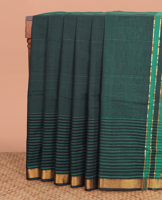 Black Striped Mangalagiri Cotton Saree Complemented by a Temple Zari Border, and a Self-Pallu of  Stripes