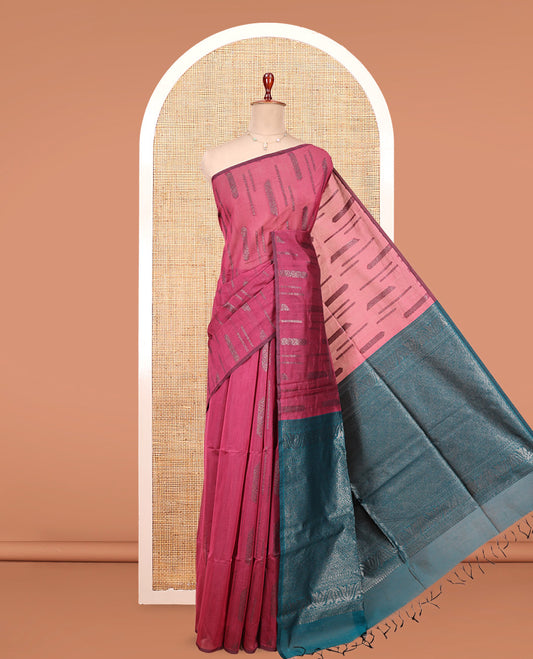 Borderless Light Maroon Semi-Silk Cotton Saree, Adorned with Zari Buttas All Over Its Body, Complemented by a Contrast Pallu of Jaal Designs, and Paired with a Contrast Blouse