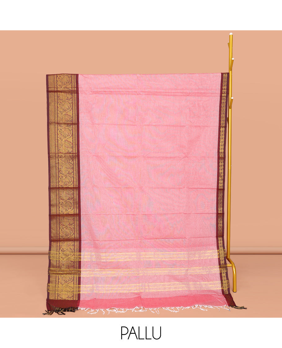 Pink Plain Chettinad Cotton Saree, Complemented by a Contrast Traditional Zari Border of Floral Creeper Design, Subtly Striped Pallu, and Paired with a Matching Blouse