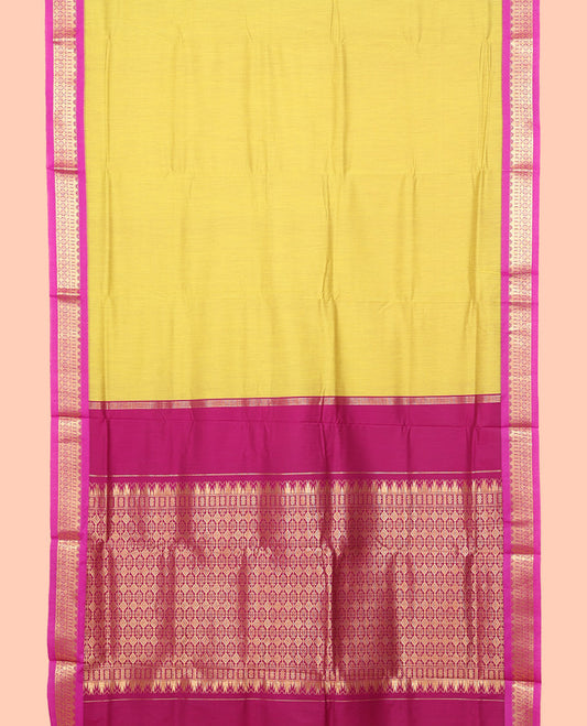 Yellow Plain Nine Yard Cotton Saree, Complemented by Contrast Traditional Zari Design Border, Pallu of Diamond Enclosed Checks, and Comes Without a Blouse