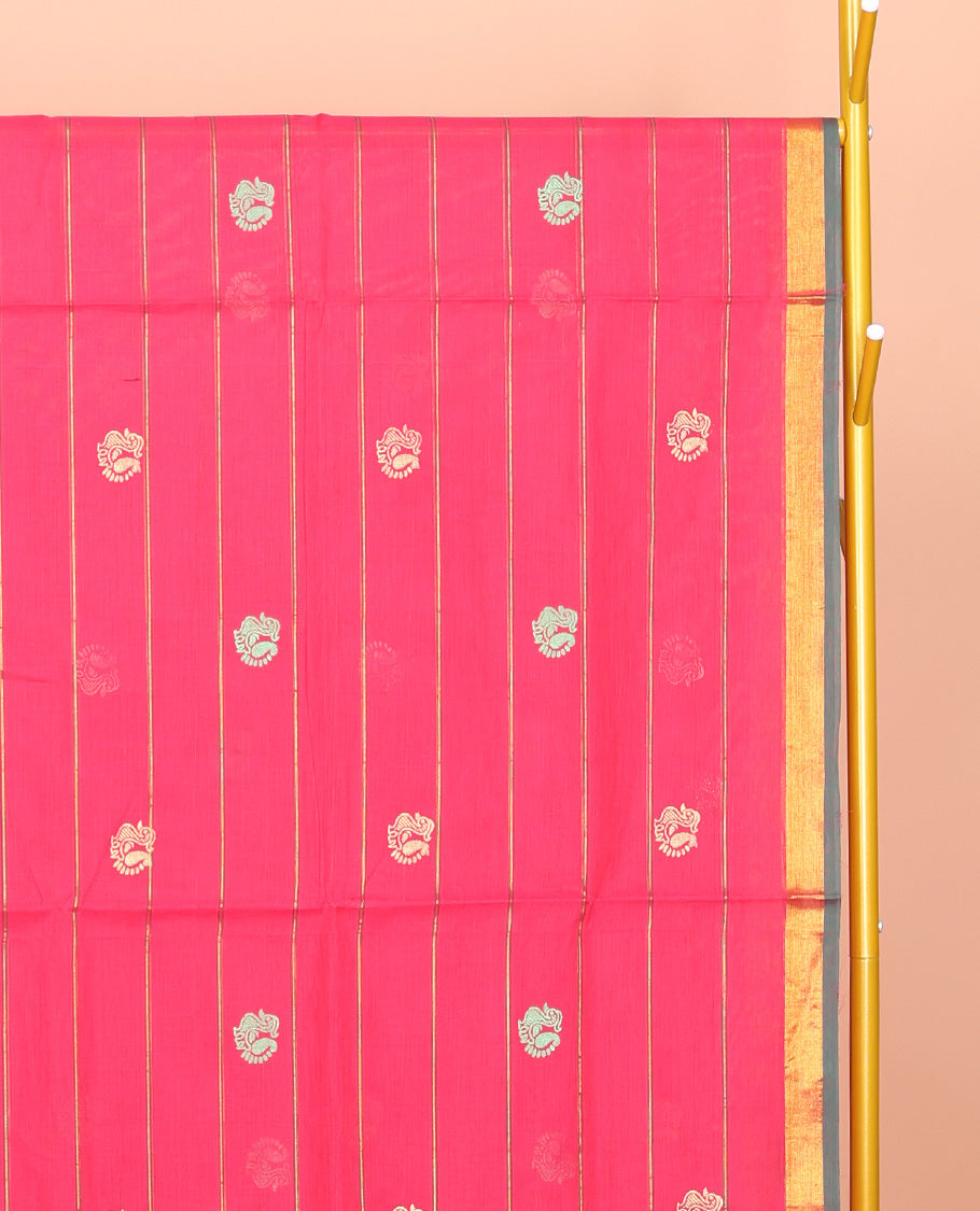 Pink Venkatagiri Cotton Saree Features Buttas and Stripes, a Contrast Floral Creeper Zari Border, Pallu of Buttas and Stripes, and No Blouse