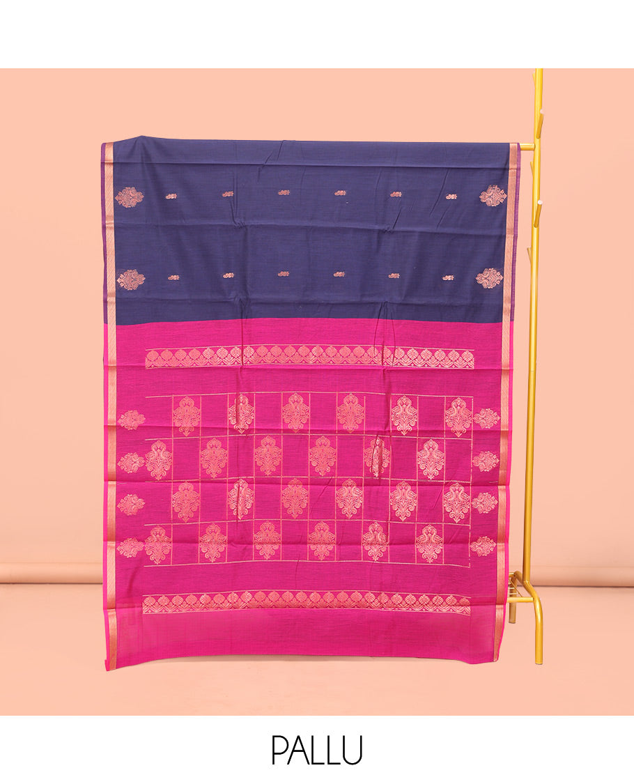 Blue Semi-Silk Cotton Saree, Enlivened with Zari Buttas All Over Its Body, Complemented by a Subtle Piping Zari Border, Pallu of Butta Enclosed Checked Designs, and Paired with a Contrast Blouse