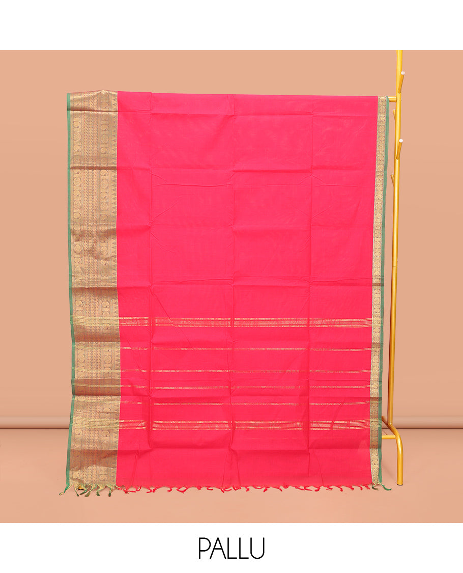 Pink Plain Chettinad Cotton Saree, Complemented by a Contrast Traditional Zari Design Woven Temple Border, Pallu of Stripes, and Paired with a Matching Blouse