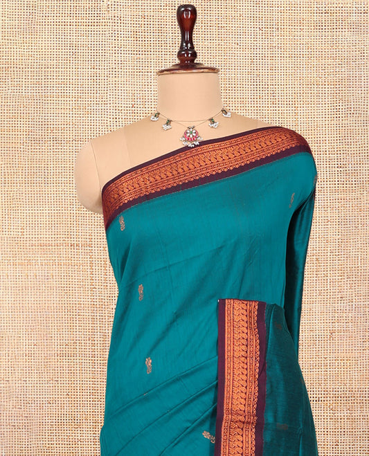 Blue Kalyani Cotton Saree, Woven with Zari Buttas, Complemented by a Contrast Traditional Border, Traditional Pallu, and a Contrast Blouse