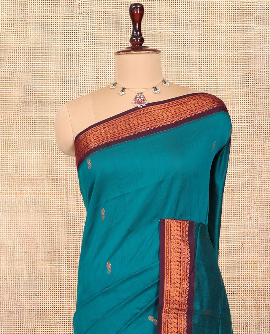 Blue Kalyani Cotton Saree, Woven with Zari Buttas, Complemented by a Contrast Traditional Border, Traditional Pallu, and a Contrast Blouse