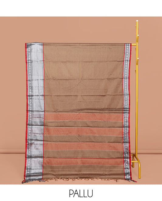 Brown Plain Narayanpet Cotton Saree, Complemented by a Contrast Traditional Zari Design Border, Striped Pallu, and Comes Without a Blouse