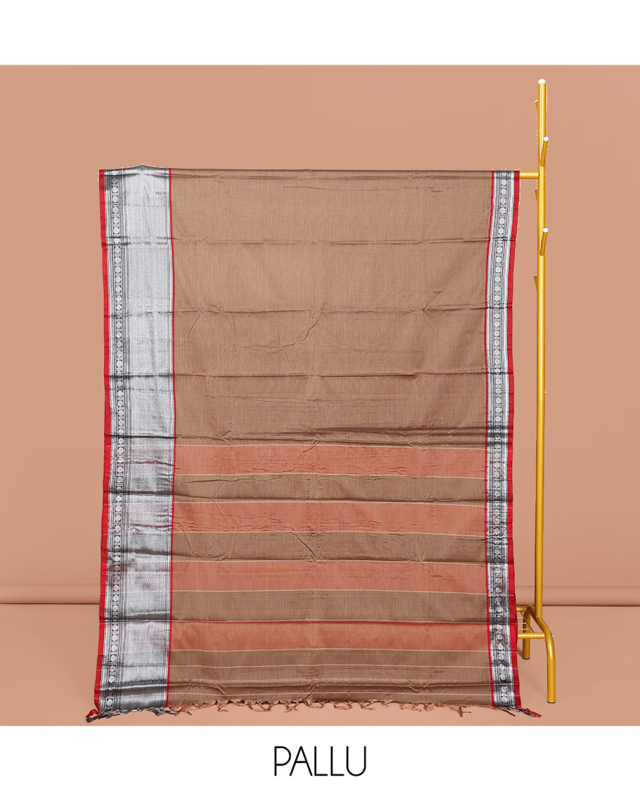 Brown Plain Narayanpet Cotton Saree, Complemented by a Contrast Traditional Zari Design Border, Striped Pallu, and Comes Without a Blouse