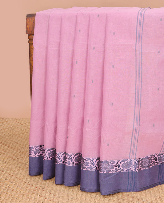 Pink floral motifs bengal cotton saree with contrast floral design border & striped, floral design pallu