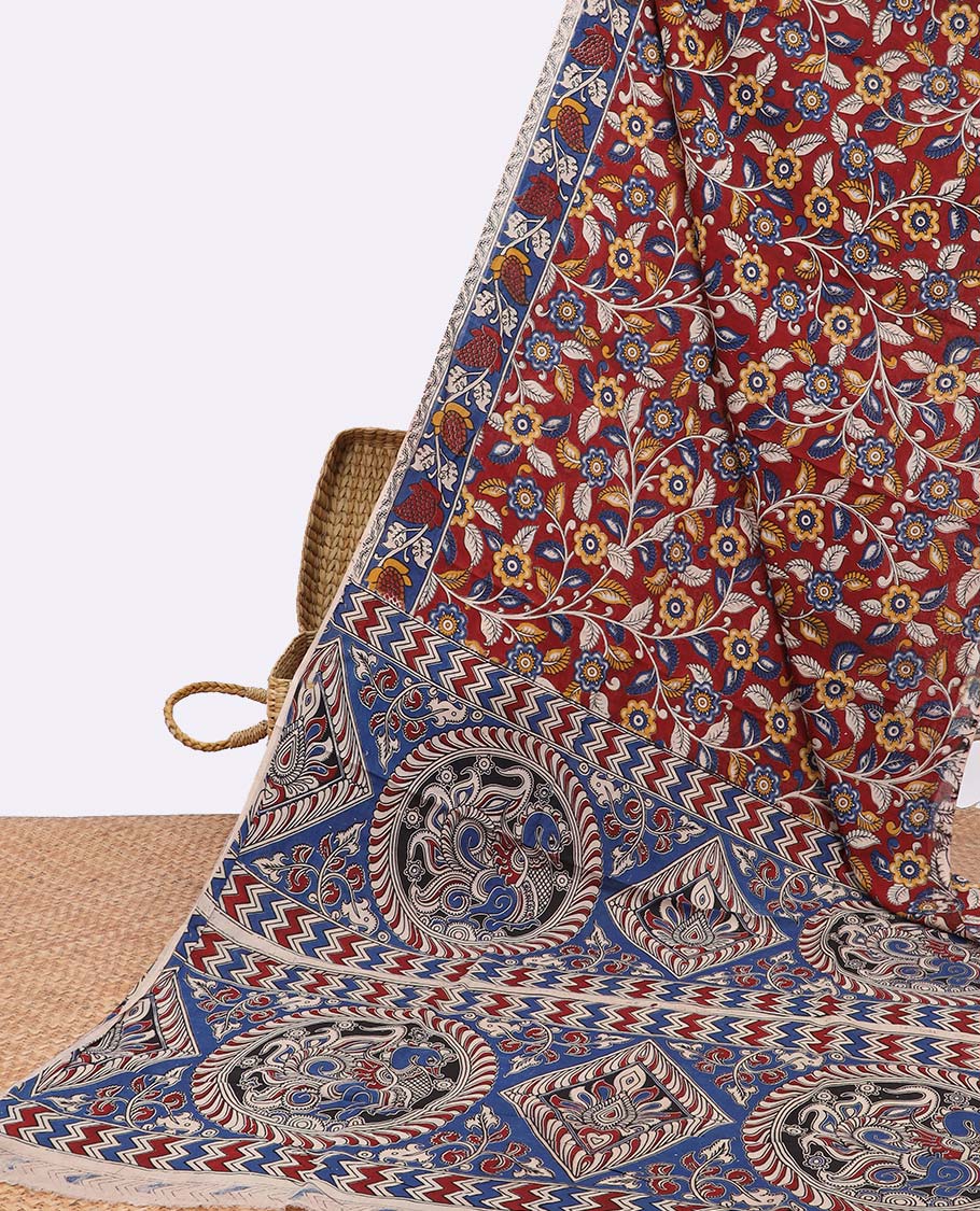 Redf loral design machine printed kalamkari cotton saree with contrast floral border & intricate design pallu