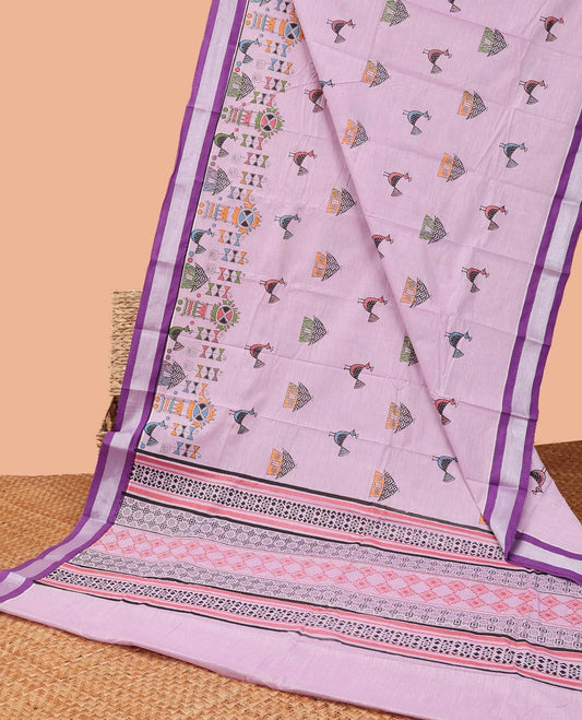 Lavender ancient village design ancient with self striped border & geometric design pallu