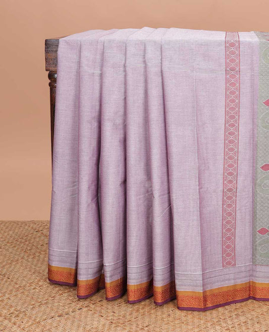 Purple motifs kanchi cotton saree with contrast border & floral design pallu