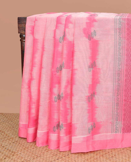 Baby pink abstract design kanchi cotton saree with contrast striped border & floral design pallu