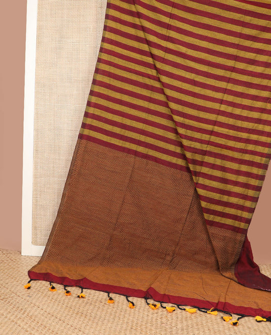 Borderless mustard & red color striped Kadhi cotton saree, plain design pallu