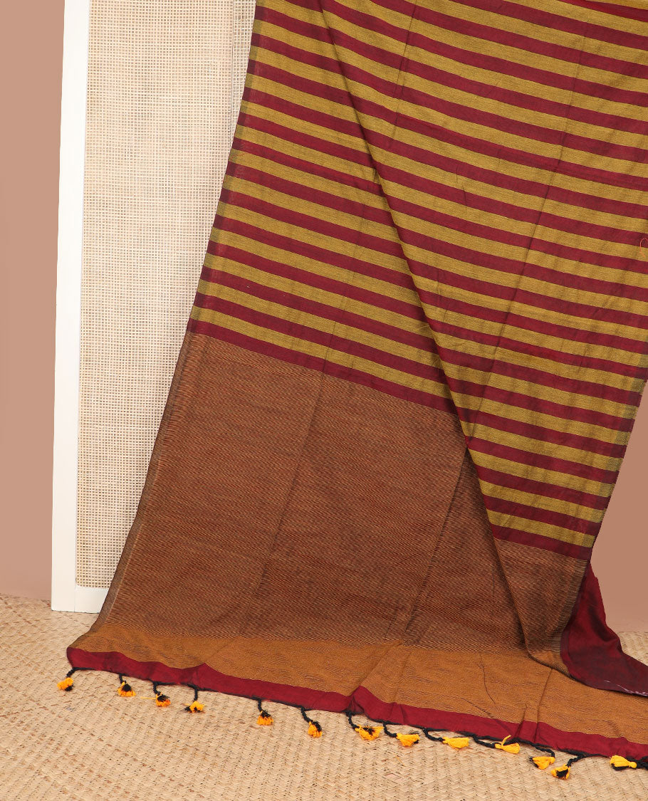 Borderless mustard & red color striped Kadhi cotton saree, plain design pallu