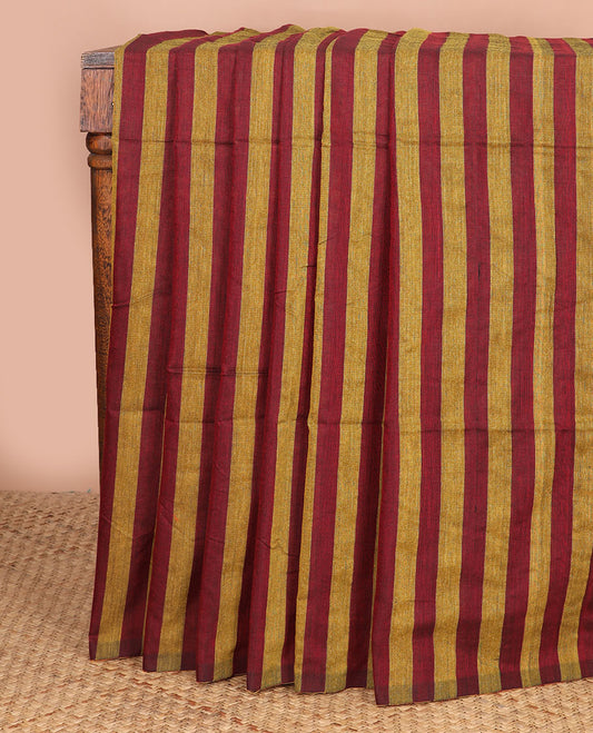 Borderless mustard & red color striped Kadhi cotton saree, plain design pallu