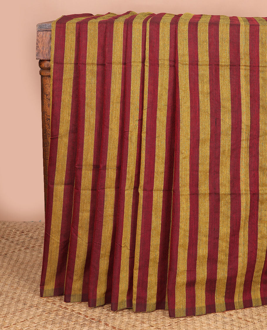 Borderless mustard & red color striped Kadhi cotton saree, plain design pallu