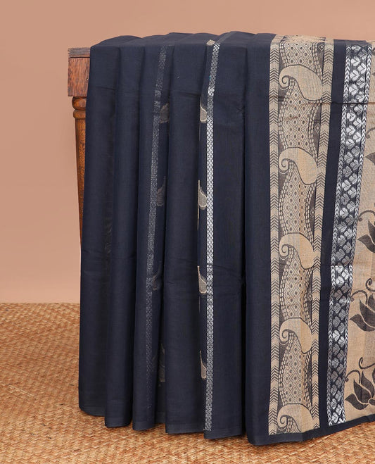 Borderless blue striped, floral motifs kanchi cotton saree with floral design pallu