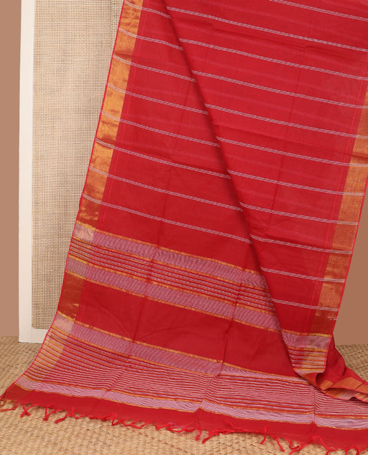 Red striped jute cotton saree, zari border & striped pallu