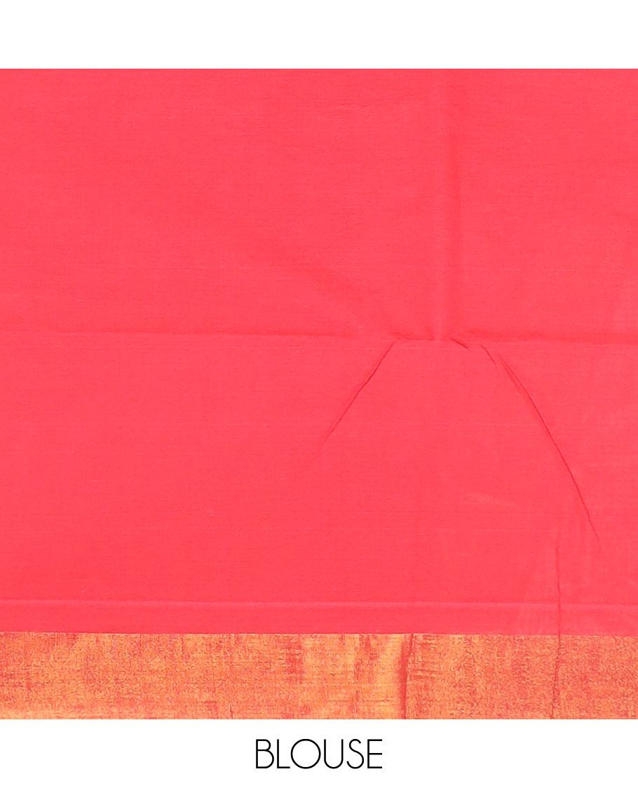 Red striped jute cotton saree, zari border & striped pallu