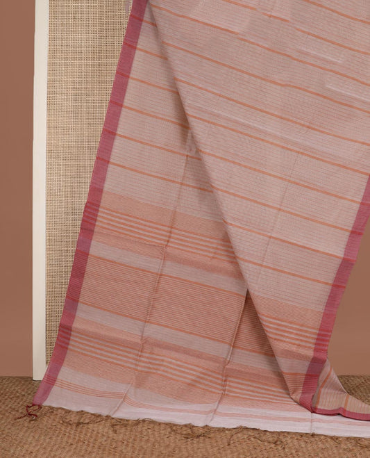 Sandal vertical striped jute cotton saree, contrast plain border and striped pallu