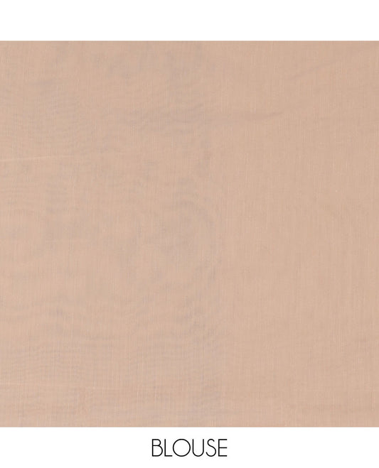 Borderless fawn brown geometric patterned semi-silk cotton saree, pallu of butta enclosed checks