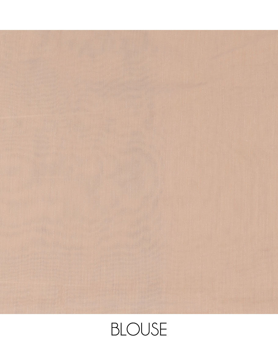 Borderless fawn brown geometric patterned semi-silk cotton saree, pallu of butta enclosed checks