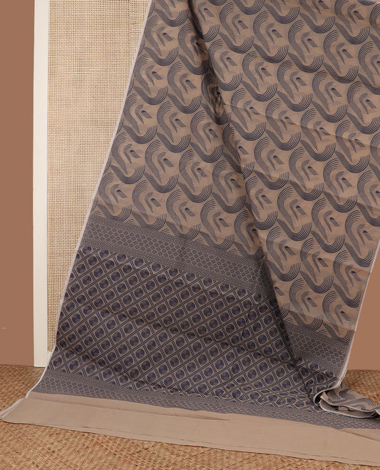 Borderless fawn brown geometric patterned semi-silk cotton saree, pallu of butta enclosed checks
