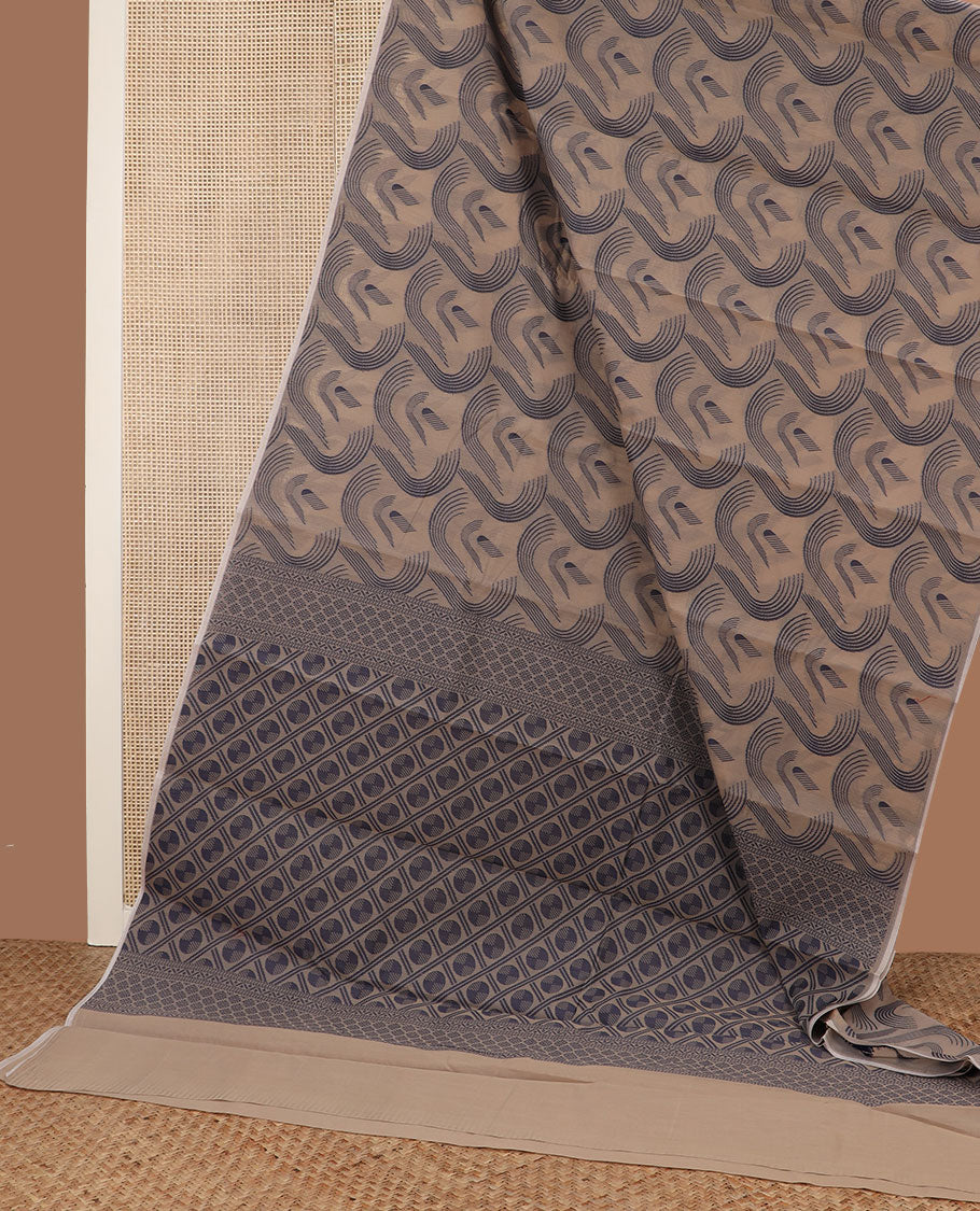 Borderless fawn brown geometric patterned semi-silk cotton saree, pallu of butta enclosed checks