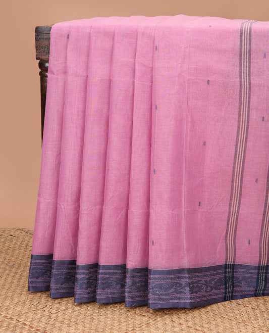 Pink buttas Bengal cotton saree, contrast paisley and floral creeper border, and striped pallu