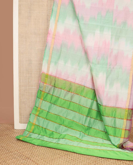 Multi-color ikkat design poly cotton saree, plain border, and contrast striped pallu