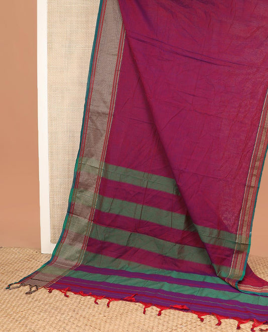 Maroon plain Narayanapet cotton saree, contrast geometric border, and striped pallu